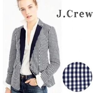 J. Crew Puckered Gingham Blazer Jacket Womens 4 Navy Blue/White Preppy Academia